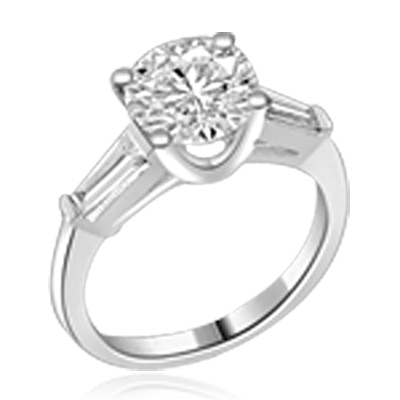 Platinum Plated Sterling Silver Diamond Essence engagement ring. 2.0 ct. round brilliant stones and a delicate baguette on each side. 2.50 cts.t.w. Perfect for the occassion.