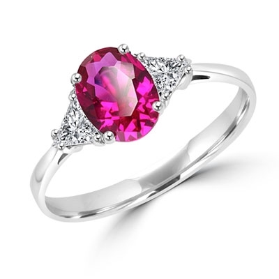 Stunning Ring, 2 Cts. T.W, with 1 Ct Oval Cut Ruby Center and White Trilliant Diamond Essence Stones on side, in Platinum Plated Sterling Silver.