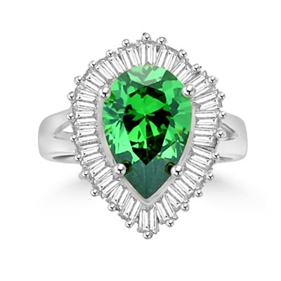 Ballerina Ring- 3.0 Carats Emerald Essence Pear surrounded by pirouetting smaller jewels. Will have them on their toes-and you calling the tune, 3.8 cts t.w. in Platinum Plated Sterling Silver.