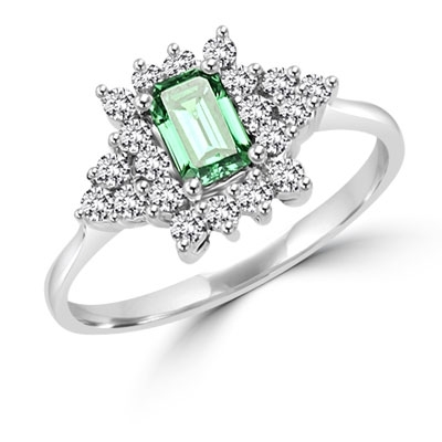 Green Eyes - Ring with Emerald Cut Emerald Essence center, and melee accents, in Platinum Plated Sterling Silver.