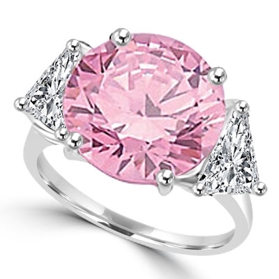 Risque- Diamond Essence Ring with 2 Carat Round Cut Pink Essence in Center and 0.5 Ct. Each trilliant cut side accents. 3.0 Cts.T.W. set in Platinum Plated Sterling Silver.