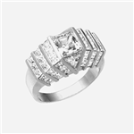 Platinum Plated Sterling Silver ring with 2.0 cts. center Octrillion stone flanked by beautiful jewels. Stones are cut to fit precisely together with no spaces between them for a stunning solid diamond look.