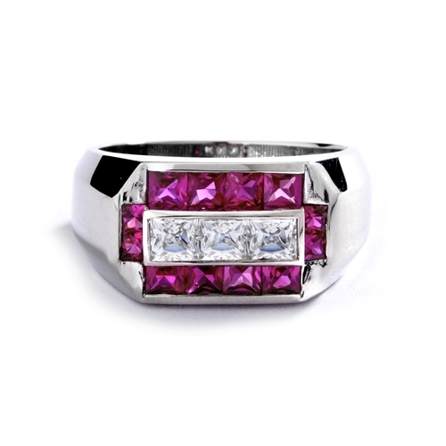 Man's Ring with 0.75 cts, Radiant Square Diamond Essence Center Stones surrounded by 1.0 cts. Princess Cut Ruby Essence, channel set in Platinum Plated Sterling Silver.