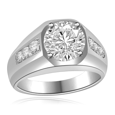 Impressive Man's Ring 2.75 Cts. T.W with 2 Cts. Brilliant White Center and Channel Set accents squiring each side, in Platinum Plated Sterling Silver.