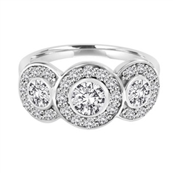 Three stone ring with surrounded melee,1.35 cts. t.w. in Platinum plated Sterling silver