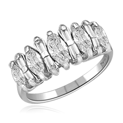 Wedding band with Marquise Cut and Baguette beauties, 2.25 Cts. T.W. in Platinum Plated Sterling Silver.