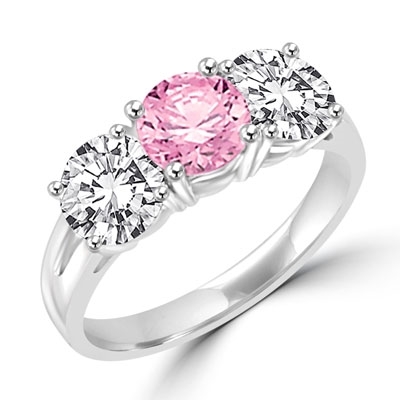 Pink & white 3 stone ring of platinum plated  silver