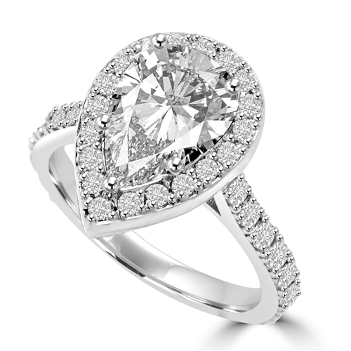 Diamond Essence Halo Setting Designer Ring With 3 Cts. Pear Center and Melee around And On The Band, 5.50 Cts.T.W. In Platinum Plated Sterling Silver.