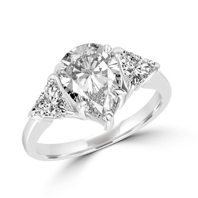 Duse - Ring with Pear Cut Center Stone flanked by Brilliant Trilliant Cut Diamond Essence accents, 3.0 Cts. T.W in Platinum Plated Sterling Silver.