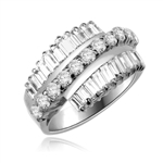 Flourish - Brilliant Ring, 5 Cts. T.W, with Baguettes on two side bands surrounding a Melee of Round Diamond Essence Fireworks! In Platinum Plated Sterling Silver.