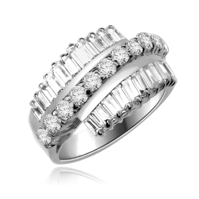 Flourish - Brilliant Ring, 5 Cts. T.W, with Baguettes on two side bands surrounding a Melee of Round Diamond Essence Fireworks! In Platinum Plated Sterling Silver.