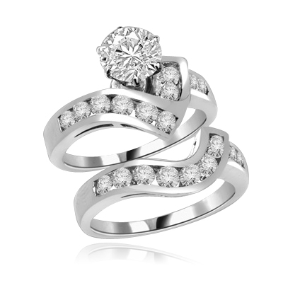 Radames And Aida-Wedding Set in Platinum Plated Sterling Silver, 1.8 Cts.T.W. with 1 Ct. Solitaire and Curvy Channel Set Melee Accents. Show of your Celestial Beauty and Starry Love!