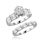Aeneas and Dido - Brilliant Wedding Set, 2.8 Cts. T.W, 1.0 Ct. Solitaire and Sqaure Baguettes in Bar Setting, in Platinum Plated Sterling Silver.