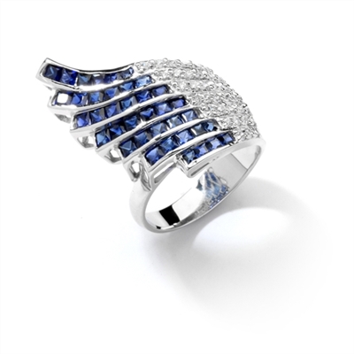 Wildfire - Art Deco Ring with burst of 36 Melee accents followed by 38 flaming Sapphire Essence princess cut jewels. 4.0 Cts. T.W. set in Platinum Plated Sterling Silver.
