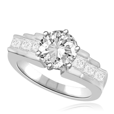 Fashion Queen Ring 2.7 cts. with 2.0 cts. Round Center and Channel set round pieces tripping down each side in stairway effect in Platinum Plated Sterling Sillver.