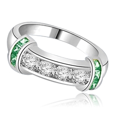 Brilliant channel-set Diamond Essence diamonds with a bar of Emerald  Essence on either side. 1.35 cts. T.W. set in Platinum Plated Sterling Silver.