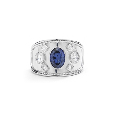 Platinum Plated Sterling Silver European ring, with a 1.5 cts. oval cut Sapphire Essence center stone and round cut accents.