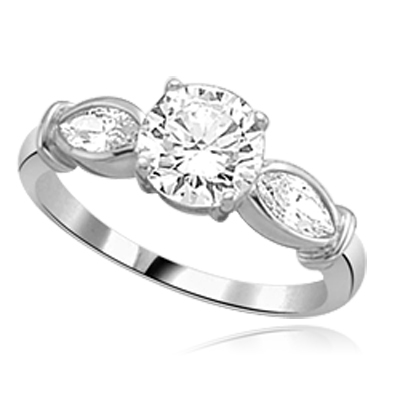 round diamond flanked by twin marquise cut stones sterling silver ring