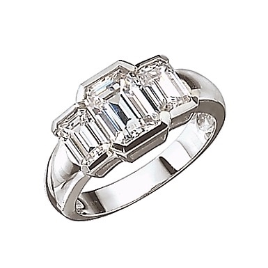 Diamond Essence Three Stone Ring--Emerald cut stones in bezel setting, 2.5 Cts.T.W. In Platinum Plated Sterling Silver.