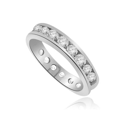 round diamonds encircle  channel-set wedding band of sterling silver