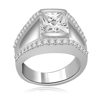 A unique contemporary Ring featuring a channel set 2 Ct. Princess Cut Diamond Essence Masterpiece with a melee of Round Cut accents. Thoroughly impressive 2.75 Cts. T.W, in Platinum Plated Sterling Silver.