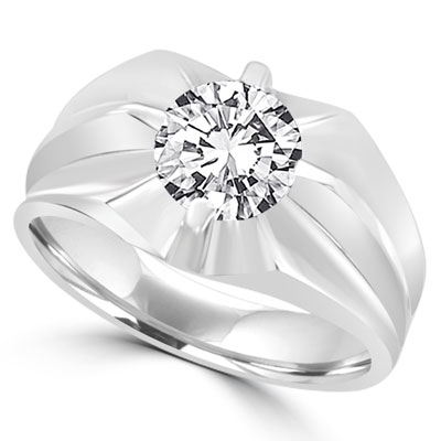 Platinum Plated Sterling Silver man's ring with a 2.0 cts.t.w. round cut Diamond Essence masterpiece. Enhances his appealing nonchalant attitude.