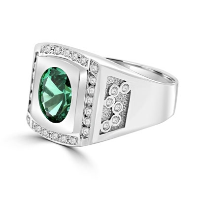 Bezel Set Two-Tone Ring with Simulated Oval Cut Emerald Diamond and Brilliant  Melee by Diamond Essence set in Sterling Silver