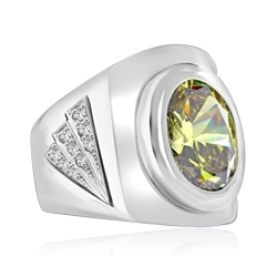 Man's classy wide bodied Ring, two-tone, with Oval cut center stone, set in Platinum Plated Sterling Silver, 6.15 Cts.t.w.