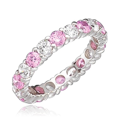 Pink & white round diamond eternity band of  sterling silver