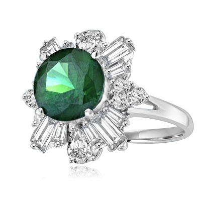 Dazzling ring of 2.5 ct round-cut Emerald Diamond Essence stone with ‘petal’ baguettes of Diamond Essence round and teardrop masterpieces all around. 4.25 cts. T.W. set in Platinum Plated Sterling Silver.