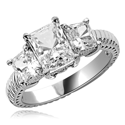 2.5cts. Elegantly styled 3 stone princess ring in Platinum Plated Sterling Silver