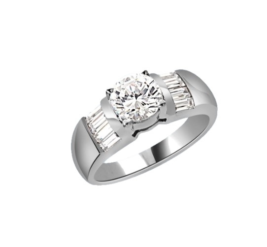 Classic ring with 1 carat Diamond Essence round brilliant with baguettes on each side. 2.0 cts.t.w. in Platinum Plated Sterling Silver.