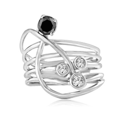 Diamond essence Designer Ring with Bezel set Onyx and Round Brilliant stones, 1.0 cts. T.W. set in Platinum Plated Sterling Silver.