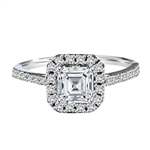 Diamond Essence Designer Ring with 1.25 ct. Asscher cut center stone surrounded by round stones. 1.75 ct.T.W. set in Platinum Plated Sterling Silver.