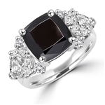 Diamond Essence Designer ring with 4.0 ct. Onyx center with round, marquies and heart shaped stones on each side, 6.5 ct. tw. in Platinum Plated Sterling Silver.