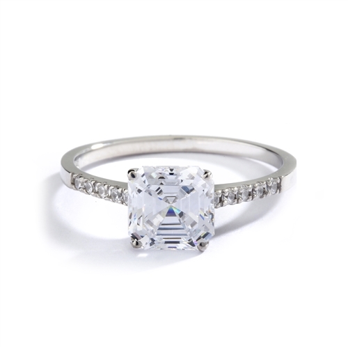 Diamond Essence Designer ring with 2.0 ct. Asscher cut Diamond Essence center with round stones on band, 2.10 ct. tw. in Gold Vermeil.