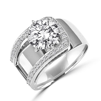 Beauty to Behold. A unique design with 2 Ct. Center and ascending band with round melees. 2.5 Cts. T.W. In Platinum Plated Sterling Silver.