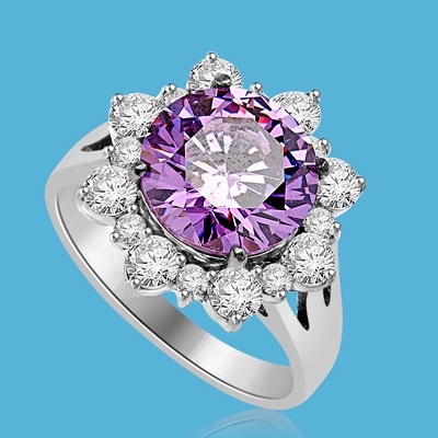 Designer Ring with Round Amethyst Essence in center surrounded by Round Brilliant Diamond Essence and Melee. 4.5 Cts. T.W. set in Platinum Plated Sterling Silver.