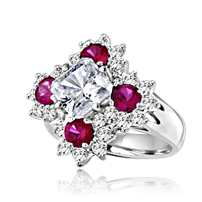 Designer Ring With Asscher cut Diamond Essence in center surrounded by Floral Design created with Round Ruby Essence and Melee. 6.0 Cts. T.W. set in Platinum Plated Sterling Silver