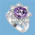 Designer Ring with 3.5 Cts. Round Lavender Essence in center surrounded by Princess Cut Diamond Essence and Melee, making a Beautiful Floral Design. 6.5 Cts. T.W. set in Platinum Plated Sterling Silver.