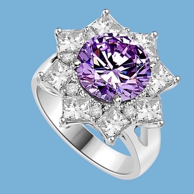 Designer Ring with 3.5 Cts. Round Lavender Essence in center surrounded by Princess Cut Diamond Essence and Melee, making a Beautiful Floral Design. 6.5 Cts. T.W. set in Platinum Plated Sterling Silver.