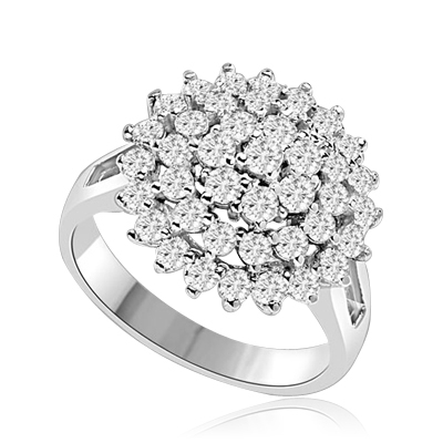 Artistic Flower Cluster Ring that is soaring in poularity. You will sparkle in this sheer brilliance of 4 Cts. T.W. Accents set on Wide Band. In Platinum Plated Sterling Silver.