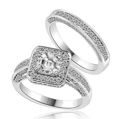 Wedding set with sparkles all around-1.25 Cts. Asscher cut Diamond Essence set in the center, outlined with Melee around and on the band. Curved matching band with sparkling melee. 2.75 Cts. T.W. in Platinum Plated Sterling Silver.