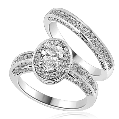 Wedding Set--1.0 ct. Oval cut Diamond Essence set in the center with melee around. Matching band with Melee. 2.50 cts.t.w. in Platinum Plated Sterling Silver.