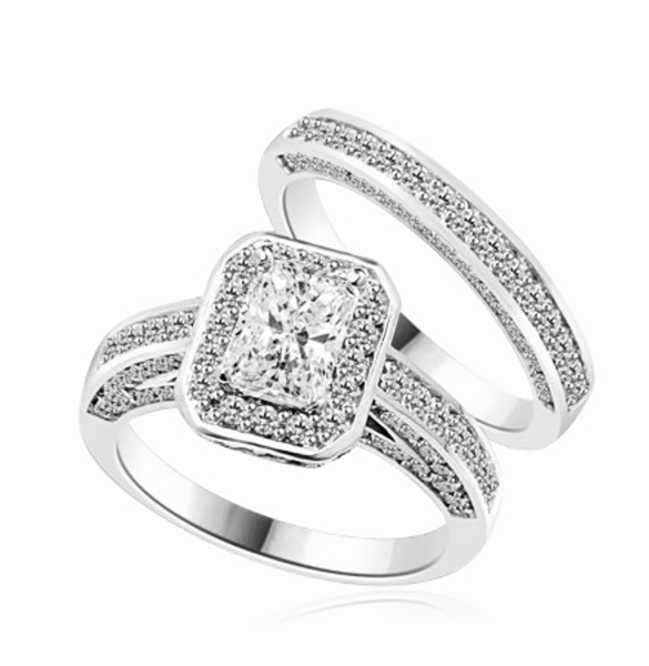 Wedding Set - 1.0 Ct. Radiant Emerald cut Diamond Essence center with Melee around and flowing down the band. Matching band with Melee, 2.75 Cts. T.W. set in Platinum Plated Sterling Silver.