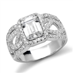 Platinum Plated Sterling Silver Designer Ring With 1.50 Cts. Emerald Cut Diamond Essence Center Surrounded By Melee And Exquisitely Set Round Brilliant Melee On Both The Sides Of Band, 2.50 Cts.T.W.