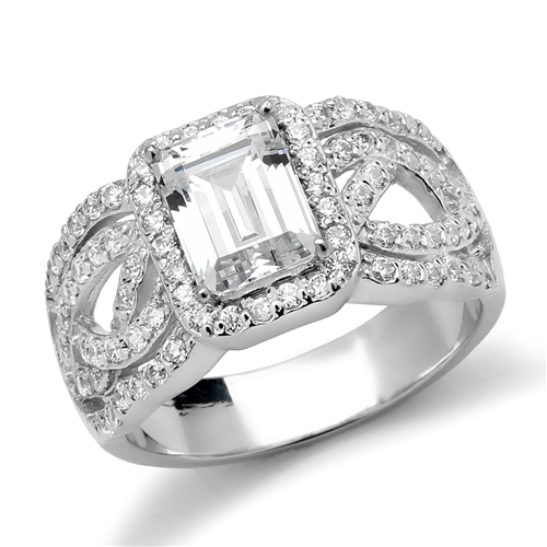 Platinum Plated Sterling Silver Designer Ring With 1.50 Cts. Emerald Cut Diamond Essence Center Surrounded By Melee And Exquisitely Set Round Brilliant Melee On Both The Sides Of Band, 2.50 Cts.T.W.