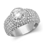 Diamond Essence Designer Cocktail Ring With 1 Ct. Round Brilliant Center Set On Dome Pave Setting Melee, 3 Cts.T.W. In Platinum Plated Sterling Silver.