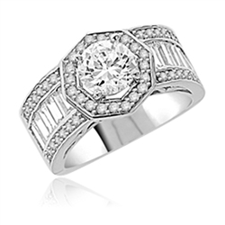 Diamond Essence Designer Ring with 1.50 Cts. Round Brilliant Center, Accompanied By Baguettes and Melee on side, 4 Cts.T.W. In Platinum Plated Sterling Silver.