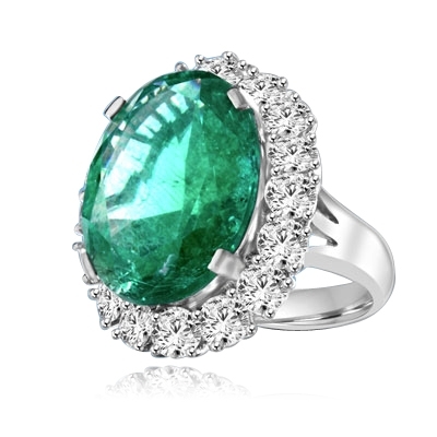 Emerald Ring - 15.0 Cts. Oval cut Emerald Essence in center with Round Brilliant Diamond Essences set all around. 19.0 Cts. T.W. set in Platinum Plated Sterling Silver